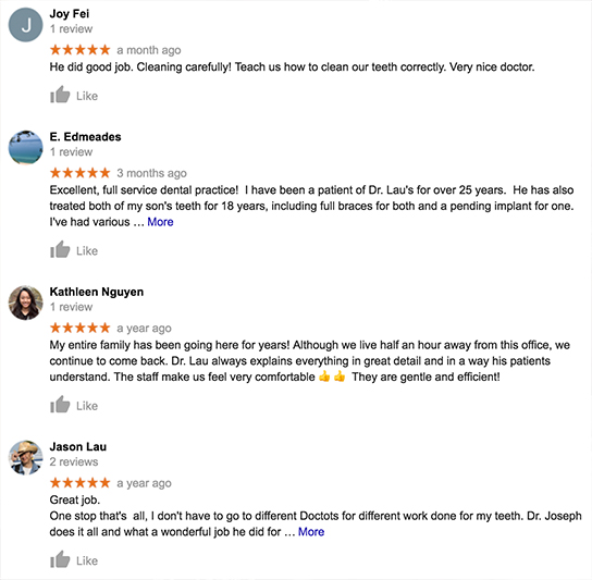 Patient Reviews - Joseph Lau DDS, Atlanta Dentist